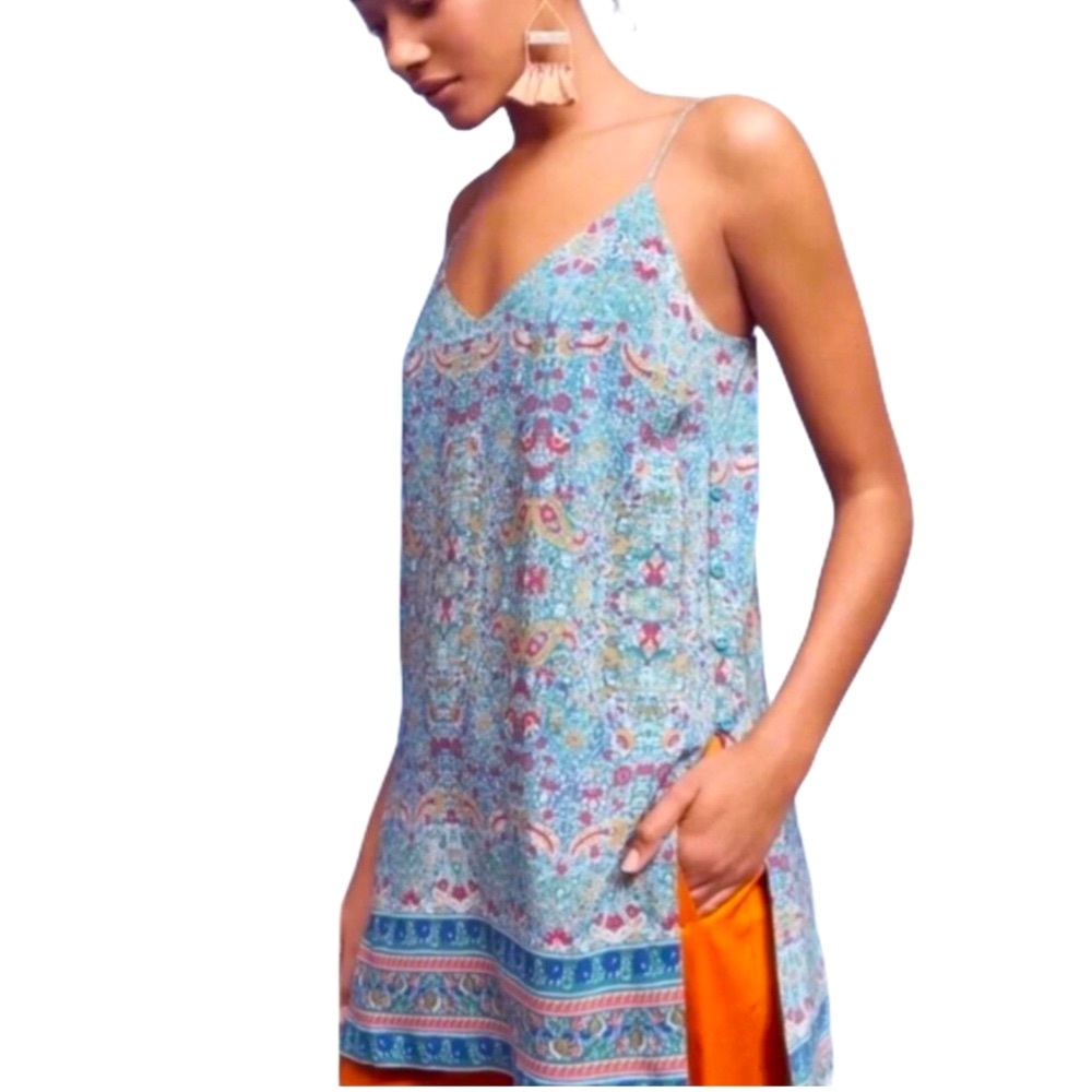 New Maeve x Anthropologie Meret 2 | XS Blue Pink Silk Floral Tank Tunic Top - Picture 2 of 10